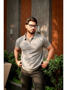 GRITSTONES - Men Grey Premium Flat Knit Zipper Polo T-Shirt