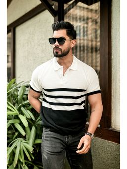 GRITSTONES - Men White Premium Flat Knit Stripe Polo T-Shirt