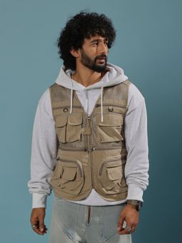Espanshe - Romillya Men Beige Zippered Cargo Vest Jacket
