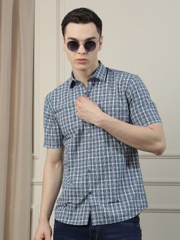CRIMSOUNE CLUB - Men Blue Checked Pure Cotton Shirt