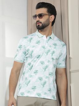 CRIMSOUNE CLUB - Men Green Floral Print Pure Cotton Polo T-Shirt