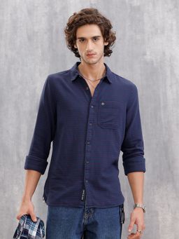 WROGN - Men Pure Cotton Striped Regular Fit Navy Blue Shirt