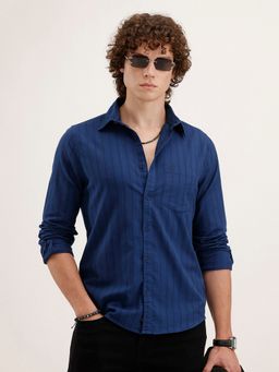 WROGN - Men Regular Fit Striped Dark Blue Shirt