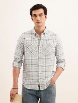 WROGN - Men Regular Fit Checkered Double Pocket Light Blue Shirt