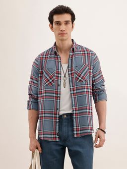 WROGN - Men Textured Regular Fit Checkered Blue Shirt
