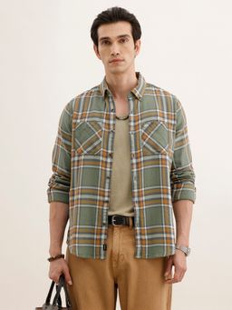 WROGN - Men Textured Regular Fit Checkered Green Shirt