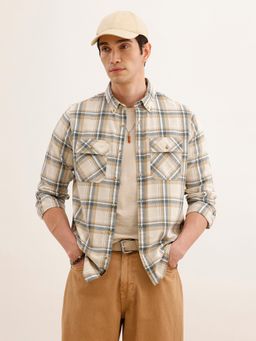WROGN - Men Regular Fit Double Pocket Checkered Beige Shirt