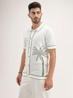 WROGN - Men Slim Fit Jacquard Resort Collar Off White Shirt