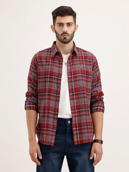 WROGN - Men Textured Slim Fit Checkered Maroon Shirt