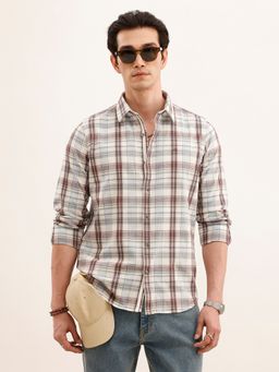 WROGN - Men Slim Fit Checkered Linen Brown Shirt