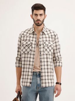 WROGN - Men Slim Fit Double Pocket Checkered Beige Shirt
