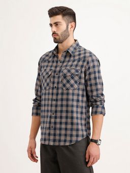 WROGN - Men Slim Fit Double Pocket Checkered Blue Shirt