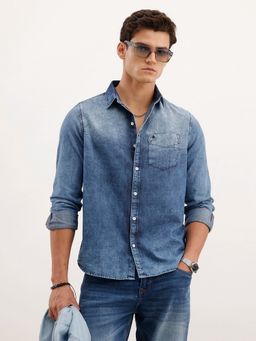 WROGN - Men Slim Fit Faded Denim Light Blue Shirt