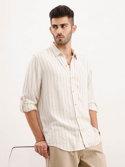 WROGN - Men Slim Fit Striped Full Sleeved Beige Shirt