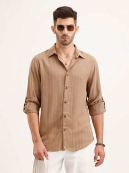 WROGN - Men Slim Fit Striped Khaki Shirt