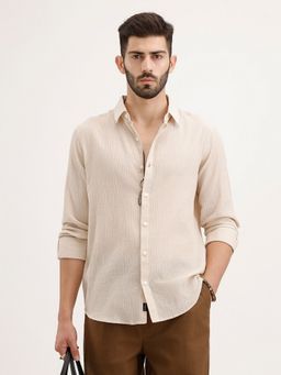 WROGN - Men Slim Fit Striped Beige Shirt