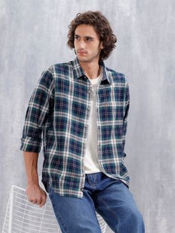 WROGN - Men Slim Fit Cotton Indigo Twill Check Green Shirt