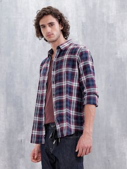 WROGN - Men Slim Fit Cotton Indigo Twill Check Maroon Shirt