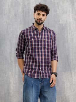 WROGN - Men Textured Checkered Cotton Navy Blue Shirt