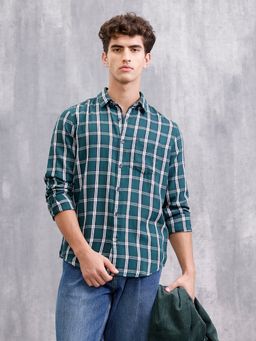 WROGN - Men Textured Cotton Dobby Check Green Shirt