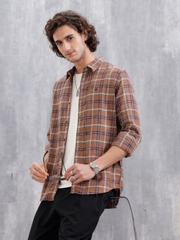 WROGN - Men Space Dyed Dobby Check Slim Fit Brown Shirt