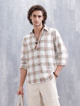 WROGN - Men Cotton Twill Slub Checks Slim Fit Beige Shirt