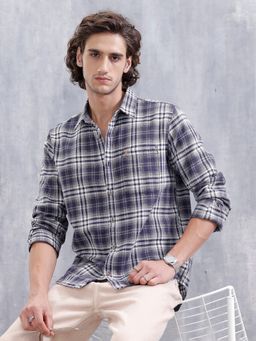 WROGN - Men Textured Check Slim Fit Navy Blue Shirt
