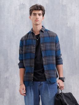 WROGN - Men Heavy Herringbone Slim Fit Blue Shirt