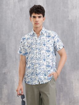 WROGN - Men Fluid Viscose Nylon with Watercolour Inspired Aop Blue Shirt