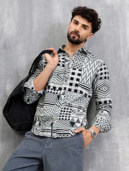 WROGN - Men Corduroy Geometric Print In Slim Fit Grey Shirt