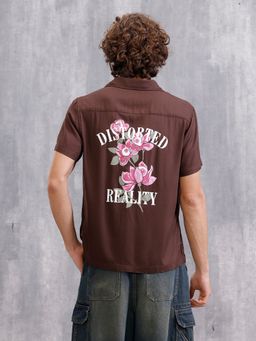 WROGN - Men Fluid Resort with Surreal Back Print Brown Collar Shirt