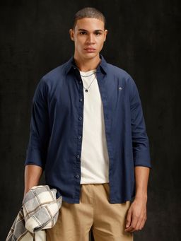 WROGN - Men Cotton Dobby Full Sleeve Navy Blue Shirt