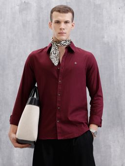 WROGN - Men Solid Full Sleeve Slim Fit Maroon Shirt