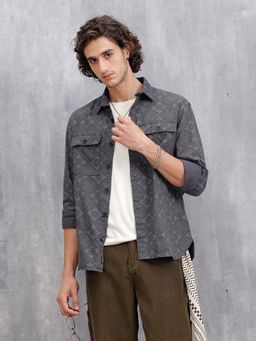 WROGN - Men Heavy Printed Canvas Oversized Fit Dark Grey Over Shirt