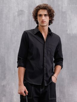 WROGN - Men Contrast Stitch Royal Oxford Solid Black Shirt