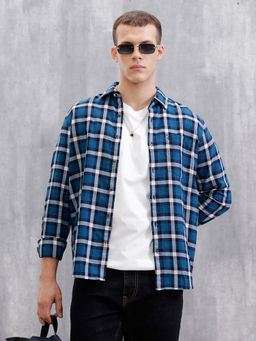 WROGN - Men Checkered Full Sleeve Regular Fit Dark Blue Shirt