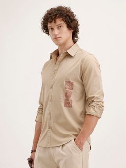 WROGN - Men Regular Fit Placement Printed Beige Shirt