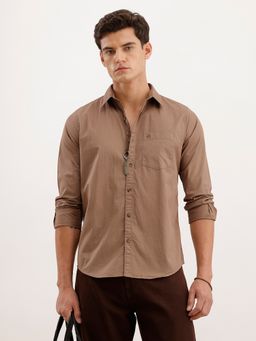 WROGN - Men Regular Fit Pure Cotton Solid Khaki Shirt