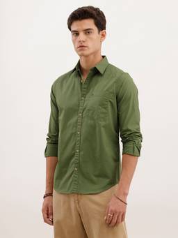 WROGN - Men Solid Regular Fit Pure Cotton Olive Shirt