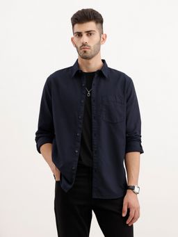 WROGN - Men Textured Regular Fit Navy Blue Shirt