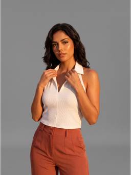 MIXT by Nykaa Fashion - Women White Ribbed Sleeveless Collared Top