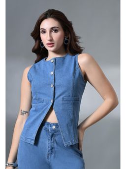 MIXT by Nykaa Fashion - Light Blue Denim Sleeveless Front Slit Top