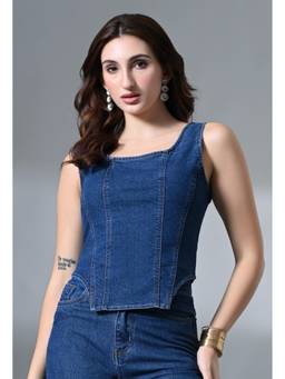 MIXT by Nykaa Fashion - Womens Dark Blue Denim Sleeveless Square Neck Crop Top