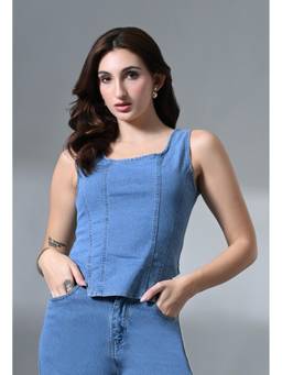 MIXT by Nykaa Fashion - Womens Light Blue Denim Sleeveless Square Neck Crop Top