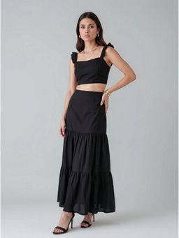 Twenty Dresses by Nykaa Fashion - Black Ruffled Strap Cropped Top with Tiered Skirt