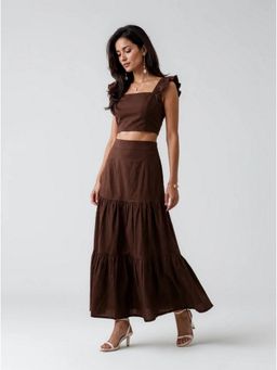 Twenty Dresses by Nykaa Fashion - Chocolate Brown Ruffled Strap Cropped Top with Tiered Skirt