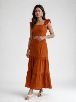 Twenty Dresses by Nykaa Fashion - Rust Ruffled Strap Cropped Top with Tiered Skirt