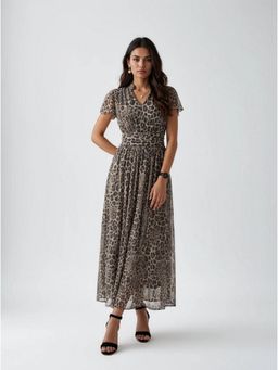 Twenty Dresses by Nykaa Fashion - Cinched Waist Tan Leopard Print Polyester Maxi Dress