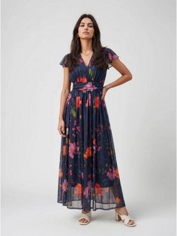 Twenty Dresses by Nykaa Fashion - Ruched Waistband Navy Blue Floral Polyester Maxi Dress