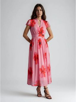 Twenty Dresses by Nykaa Fashion - Sheer Flutter Sleeves Pink Floral Polyester Maxi Dress